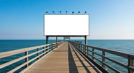 A blank white billboard stands at the end of a wooden pier over the ocean with blue sky