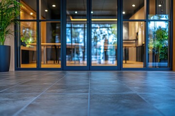Obraz premium Modern glass doors leading to a bright, minimalist interior space with dark grey tiled flooring