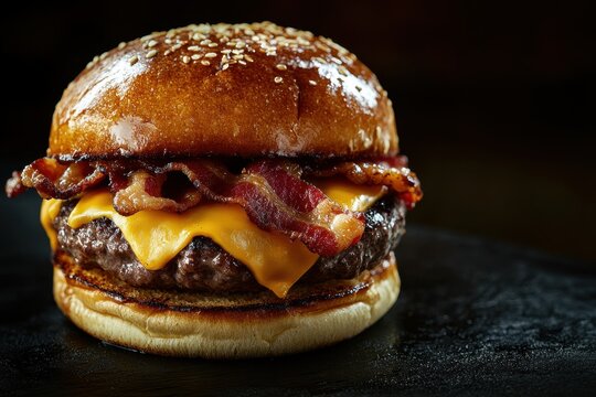 Gourmet burger with melted cheese and crispy bacon restaurant kitchen food photography dark background close-up culinary delight