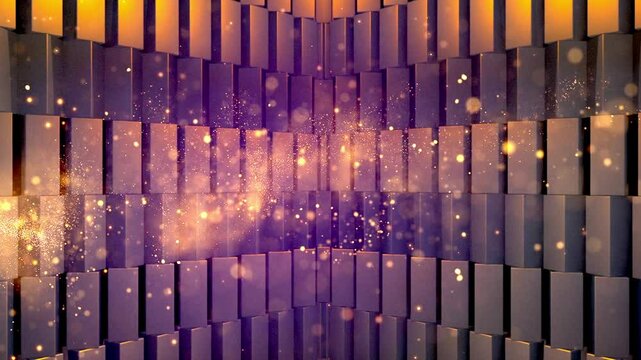 Rotating 3D Gold Loop Background Animation in Motion. A seamless 3D loop animation with rotating gold panels and glowing particles, perfect for digital backdrops or elegant visual presentations.