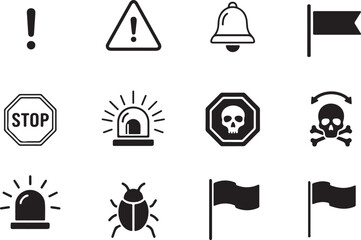 Alert signs &mdash; warning triangle, exclamation mark, bell, stop sign, siren, danger, skull, caution tape, bug, red flag.