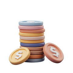 Stack of colorful money chips, isolated on transparent white background, 3D claymorphic icon