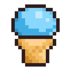 Pixel art illustration of a blue ice cream scoop in a cone, designed in retro 8-bit style. Fun and minimal design for summer and dessert themes. Isolated on white background.