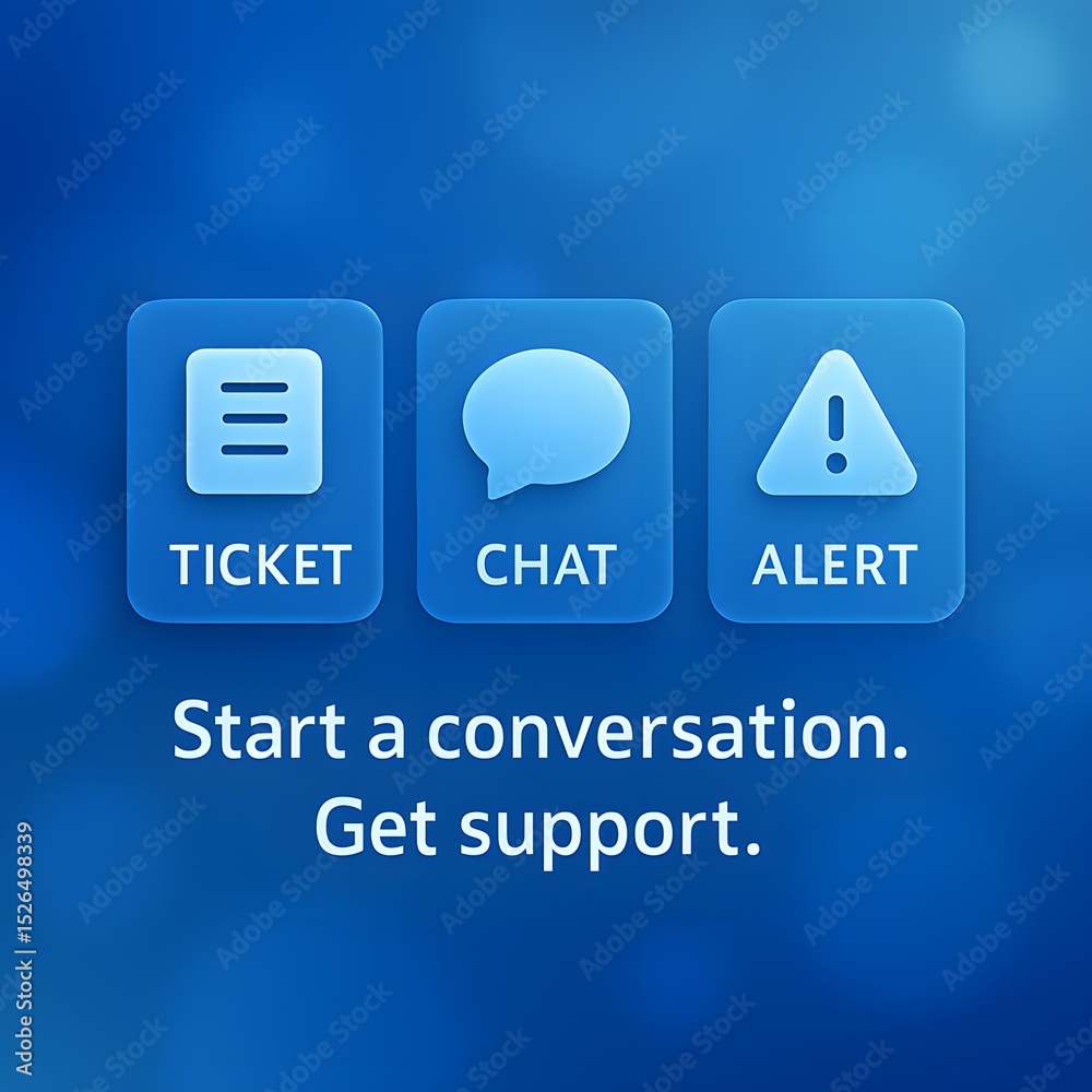 Poster an array of communication icons signifying ticketing, chat support, and real-time alerts is displaye