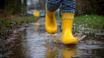 Child splashing in puddles yellow rain boots rainy day fun outdoor play weather protection waterproof footwear