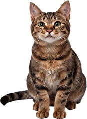 Obraz premium Smiling cat with vivid green eyes and detailed brown-black-white fur, isolated on a transparent background. Expressive and cheerful face with realistic texture and natural coloring.