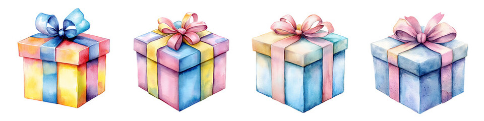 Fototapeta premium A set of watercolor drawings shows four wrapped gifts. Each gift is cube-shaped, and the color palette is pastel, with ribbons and knots.