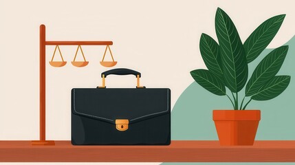 Minimalist scale with briefcase and plant, visual metaphor of balance