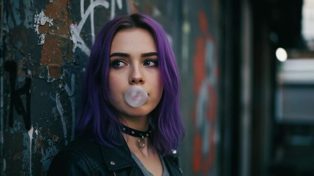 Young woman with vibrant purple hair and piercings blows a bubble gum bubble against a graffiti wall, embodying youth culture, rebellious spirit and urban fashion style for self-expression
