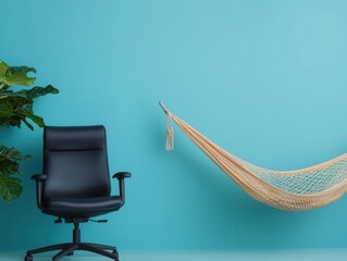 Office chair on one side, hammock on the other, concept of lifestyle choice