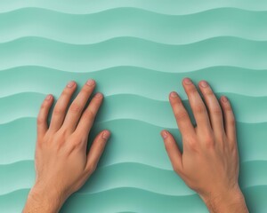 Typing hands with calm wave pattern overlay, peaceful productivity visual