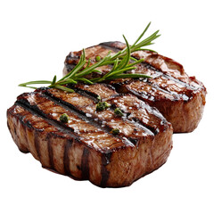 Gourmet grilled beef steaks with rosemary garnish on a clean white surface