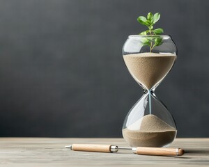 Hourglass split with office tools and nature imagery, time balance concept
