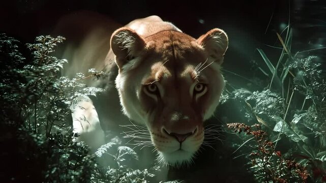 Majestic lioness prowls through the lush jungle at dusk, showcasing nature's beauty and strength