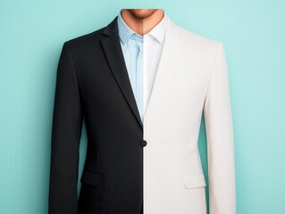 Split screen of person in suit and casual wear, balanced dual life concept