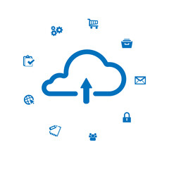 Cloud upload icon surrounded by business and technology symbols, representing digital data management and storage