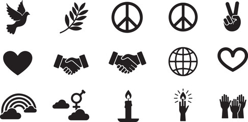 Symbols of peace — dove, olive branch, peace sign, handshake, heart, globe, equality, rainbow, candle, unity.