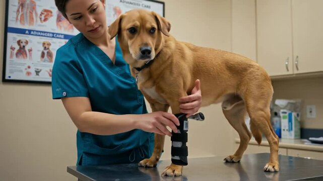 Veterinarian in a clinic carefully fits an orthopedic brace on a labrador's leg standing on an exam table, representing specialized animal healthcare and rehabilitation for pet mobility issues