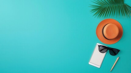 Flat lay with work items on one side and travel items on the other, minimalist symmetry