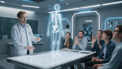 Medical lecturer in a futuristic classroom teaching students with an interactive holographic human skeleton display, revolutionizing anatomy education and healthcare technology innovation - Powered by Adobe