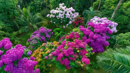 Obraz premium Lush Tropical Garden Hydrangeas Bloom Aerial View. Colorful Floral Landscape, Exotic Paradise, and Nature.