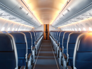 Fototapeta premium Row of empty airplane seats modern cabin interior blue seat aisle window travel transportation calm atmosphere