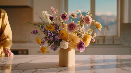 Arranging Vibrant Flowers in a Bright Minimalist Kitchen