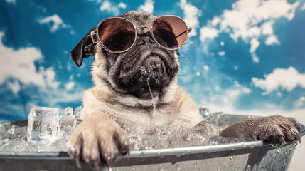 A pug puppy adorned with stylish sunglasses cools off in a tub filled with ice while the intense summer heatwave soars outside. The clear blue sky enhances the heat of the day