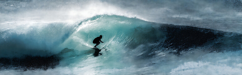 Close-up surfer dropping into massive barrel wave with abstract blurred blue gradient background, Hawaiian-inspired glass art style capturing motion and adrenaline of surfing.