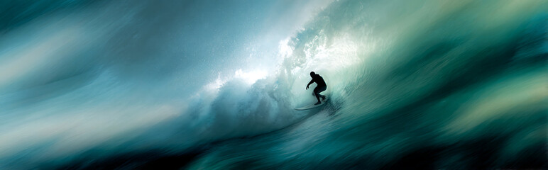 Close-up surfer dropping into massive barrel wave with abstract blurred blue gradient background, Hawaiian-inspired glass art style capturing motion and adrenaline of surfing.