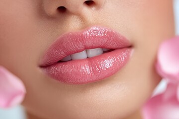 Fototapeta premium Close-Up of Glossy Pink Lips Surrounded by Soft Flower Petals