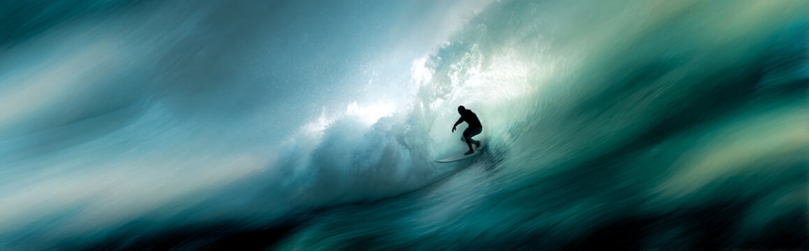 Close-up surfer dropping into massive barrel wave with abstract blurred blue gradient background, Hawaiian-inspired glass art style capturing motion and adrenaline of surfing.
