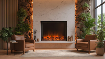 Stylish Living Room with Digital Fireplace and Leather Armchairs