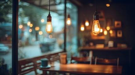 Cozy cafe interior with warm lighting and wooden decor
