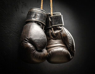 black boxing gloves hanging on dark background