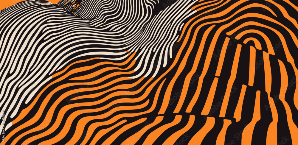 Poster Vector illustration in popular modern Op Art style, featuring dynamic wavy lines and abstract flowing shapes, creating an illusion of depth and movement with high contrast and bold graphic elements.
