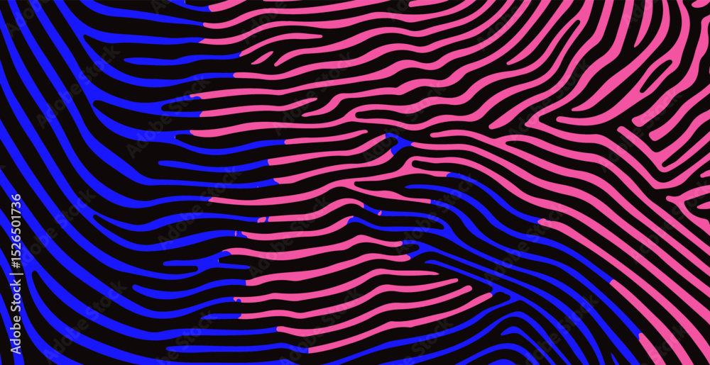 Poster Vector illustration in Op Art style with wavy black lines on a vivid blue and pink background, creating an abstract visual illusion. 