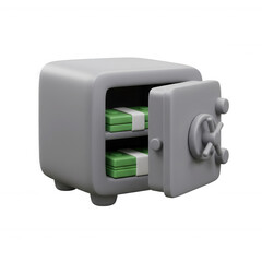 Safe with cash bundles inside, isolated on transparent white background, 3D claymorphic icon