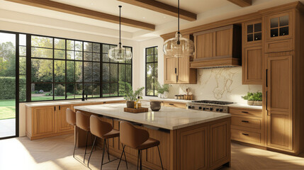 3D rendering of a modern kitchen with natural wood and marble finishes. The spacious middle island has a durable porcelain countertop for cooking and socializing. Horizontal truck shot.

