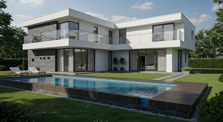 Fototapeta premium Modern house with pool and lawn