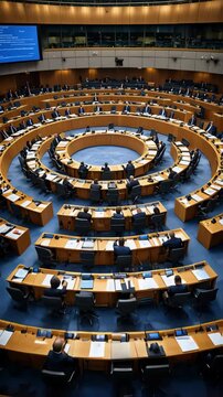 Expansive circular conference hall filled with delegates seated at desks during an important session, representing international summits, legislative processes or global governance forums for politica