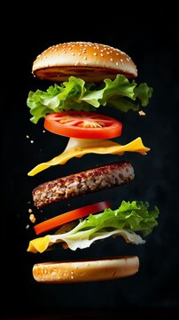 Deconstructed cheeseburger with ingredients like bun, patty, cheese, and lettuce levitating against a dark background, ideal for dynamic food advertising or culinary concept presentation in food servi