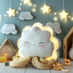 Adorable cloud octopus night light with glowing stars creating a whimsical and cozy atmosphere in a child's room.