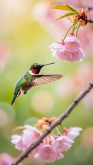 Hummingbird in Flight Near Delicate Pink Blossoms A Stunning Springtime Image