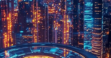 An overhead view of a city at night, showing neon orange and blue lights with a focus on futuristic architecture. Cityscape with glowing lights - Powered by Adobe