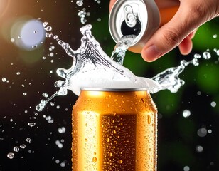 Golden can with splashing water
