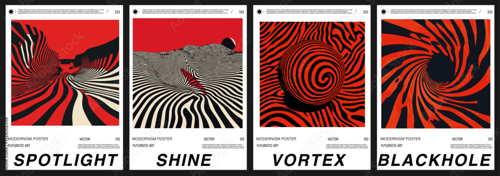 Poster set of modern vector posters in op art style, featuring swirling lines and bold abstract shapes. the