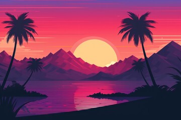 80s synthwave landscape sunset tree sky.