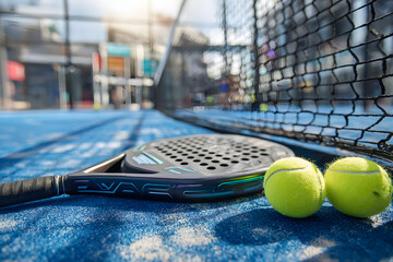 A realistic photo of a modern padel racket and yellow padel balls placed on a clean blue padel court surface