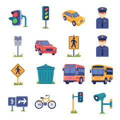 vector street elements and tools icons include traffic light road sign car police officer other     
